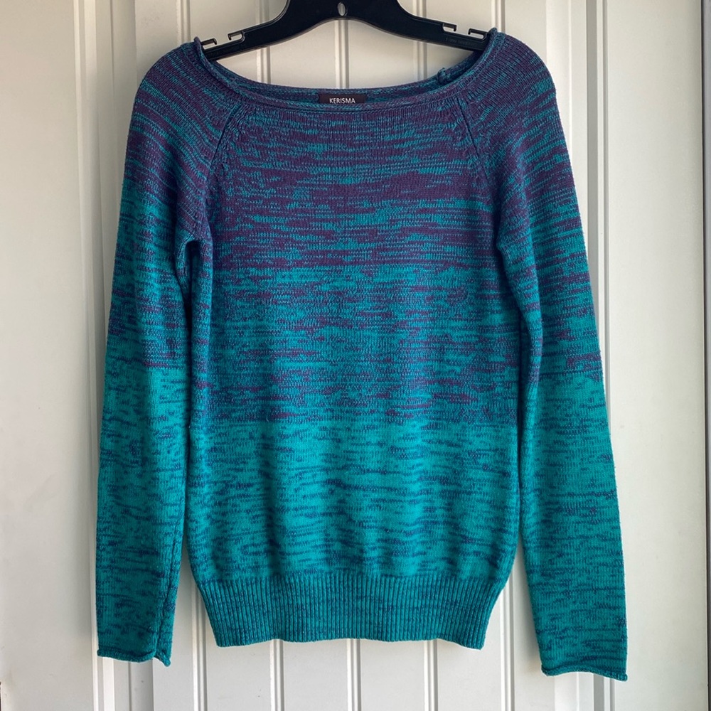 ‘90’s Women’s purple and green knit boat neck long sleeve sweater